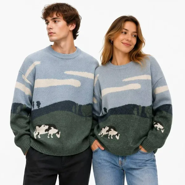 Couple Sweater Unisex Jacquard Knitwear Crew Neck Pullover Knit Jumpers Winter Cotton Knitted Men Women Sweater